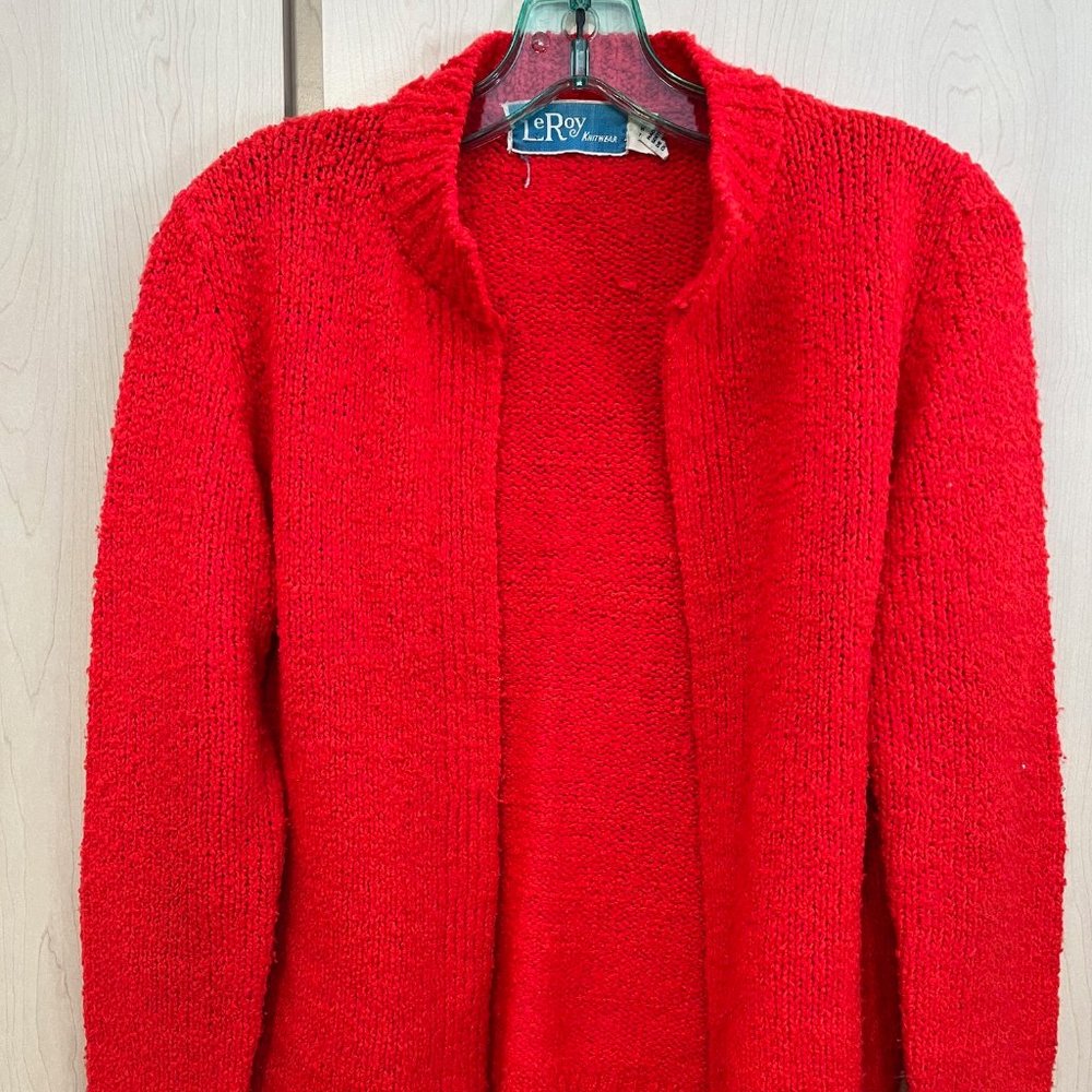 Vintage‎ LeRoy Knitwear Acrylic Open Faced Red Colored Cardigan Sz Small Sweater